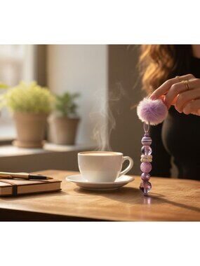Lavender Pom Pom Keychain With Beaded Details - Stylish Accessory For Bags & Key